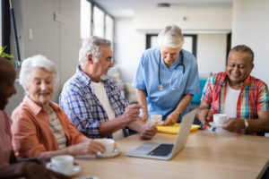 Senior living residents chatting